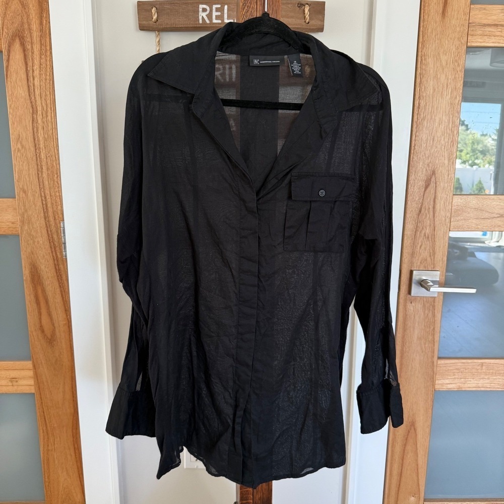 INC International Concepts Black Button Down Tunic Shirt Cotton Rayon Sz 14 EUC